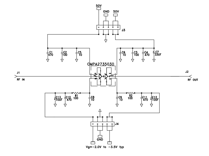 Schéma du circuit d'application - MACOM Carte d'évaluation CMPA2735030S-AMP1
